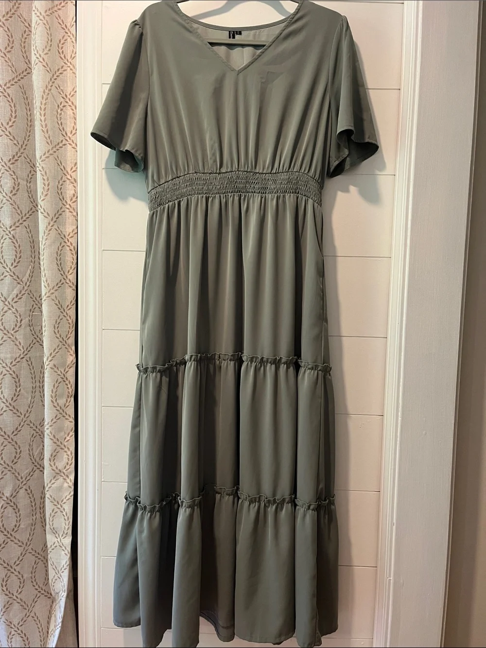 V-Neck Sage Tiered Midi Dress